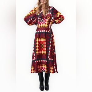 ZARA Women’s Multi Color Printed Midi dress V neck long sleeves Size Small